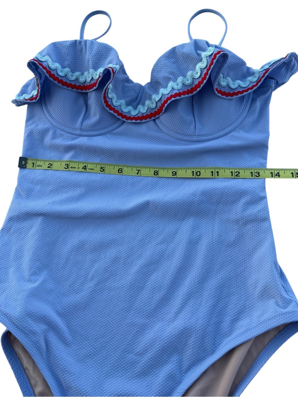 J.Crew Ruffle One Piece Swimsuit Size 8 Blue Ric Rac Trim Underwire - Picture 7 of 13
